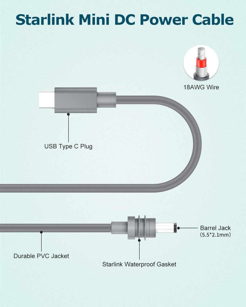 Gunovy كابل USB C صغير من ستارلينك 1.8م/5.9قدم كابل طاقة USB C إلى DC لكابل الطاقة من نوع C ستارلينك PD 100W كابل طاقة USB من نوع C إلى DC 5.5 * 2.1 مم متوافق مع مصدر PD 100W+ مقاوم للماء 18AWG 5.9قدم - Image 3